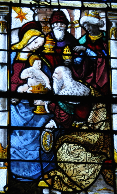 Collégiale Notre-Dame du Grand Andely, Vitrail de l'enfance du Christ, Adoration des mages, vers 1510-1520