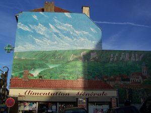 Panorama de la vallée de la Seine sur un mur en trompe-l'oeil à Vétheuil
