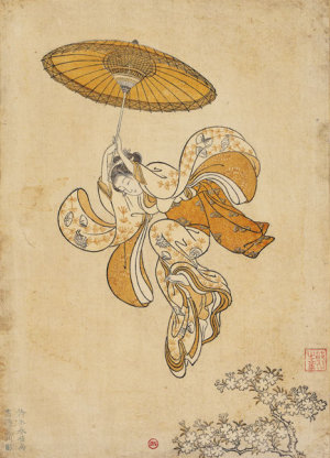 Suzuki Harunobu (vers 1725-1770)
Beauté sautant dans le vide depuis le balcon du temple Kiyomizu
Image de calendrier, 1765